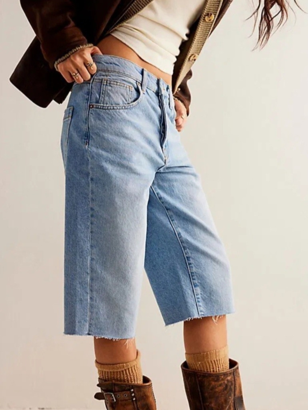 Free People- We The Free Boyfriend Denim Jean Capri Shorts